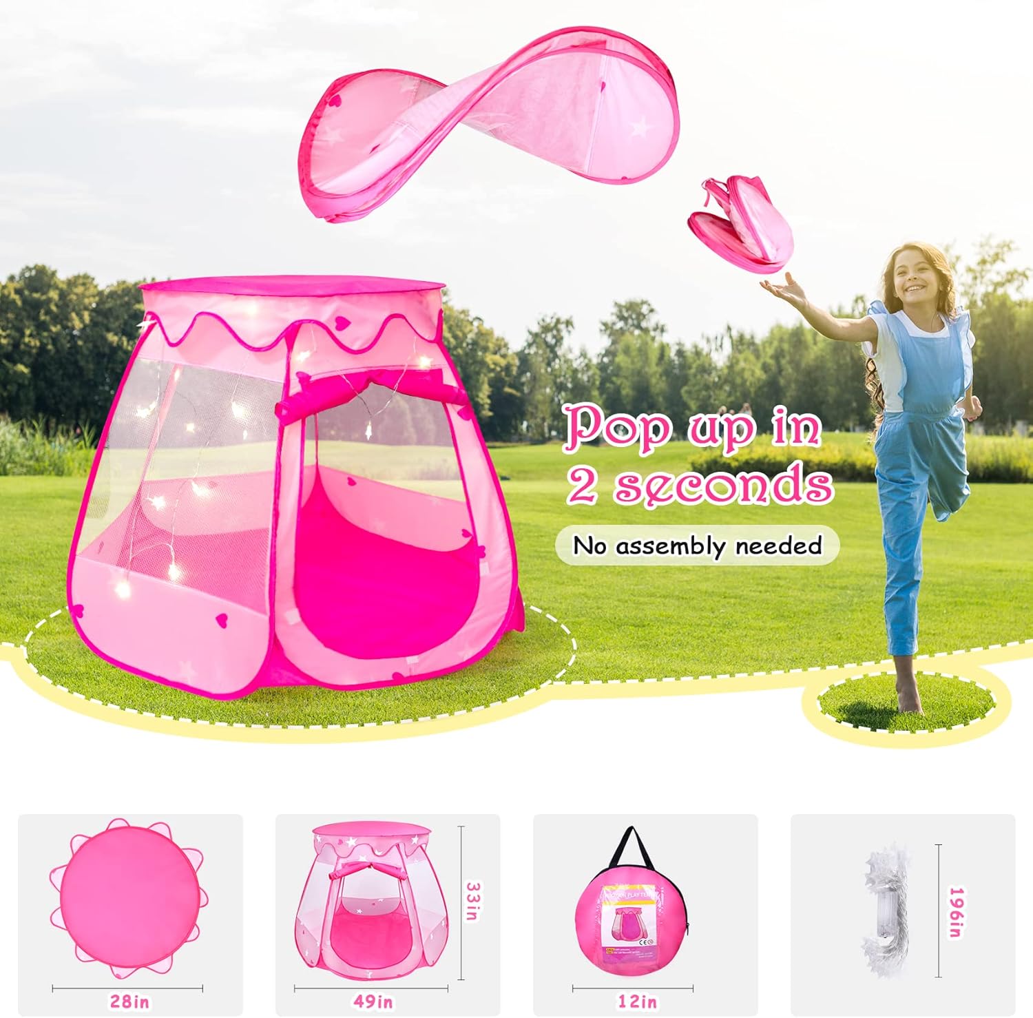 DISHIO Ball Pits with 50 Balls, Pop up Tents for Kids with Star Lights, Ball Pit for Toddlers, Princess Tent Toy for 1,2,3 yrs Birthday Gifts for Girls, Easy to Assemble and Store (50 Balls Included)